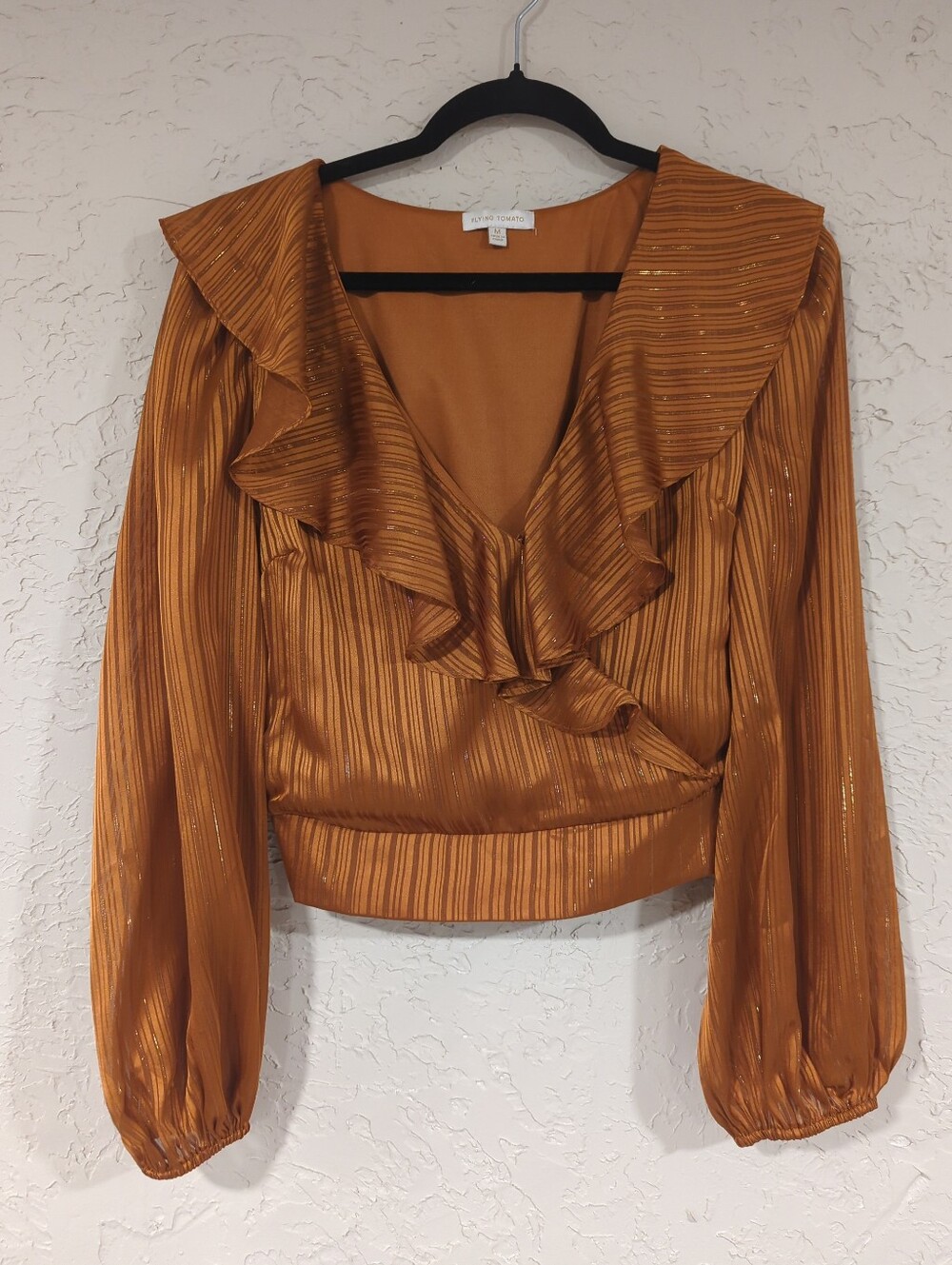 Flying Tomato Metallic Gold Rust Ruffle Longsleeve Blouse Office Women's Medium